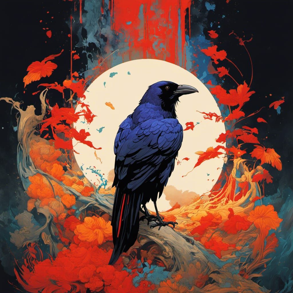 Asian Raven Yokai in Art Nouveau Graffiti Style