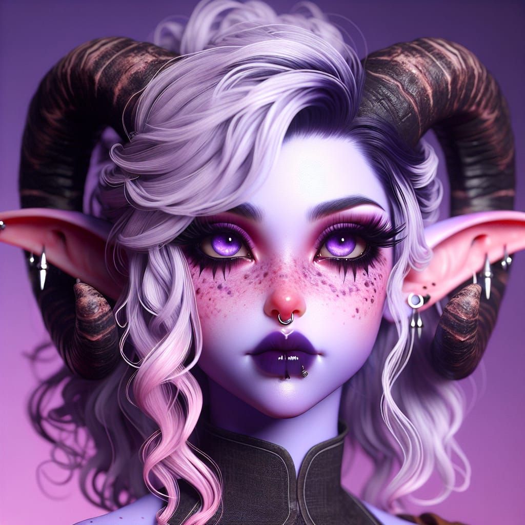 Tiefling Warrior with Ram Horns and Purple Accents