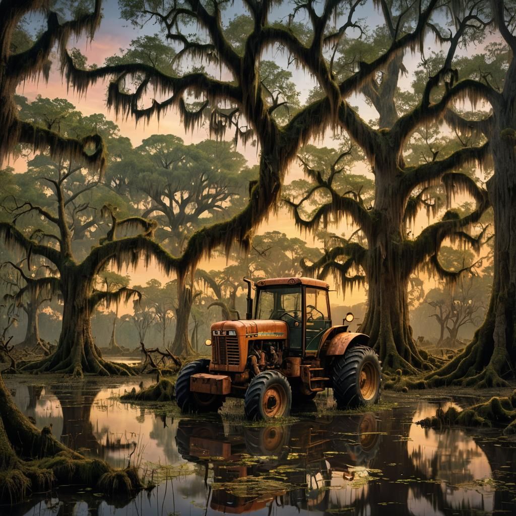 Louisiana Swamp Tractor in Matte Painting Style