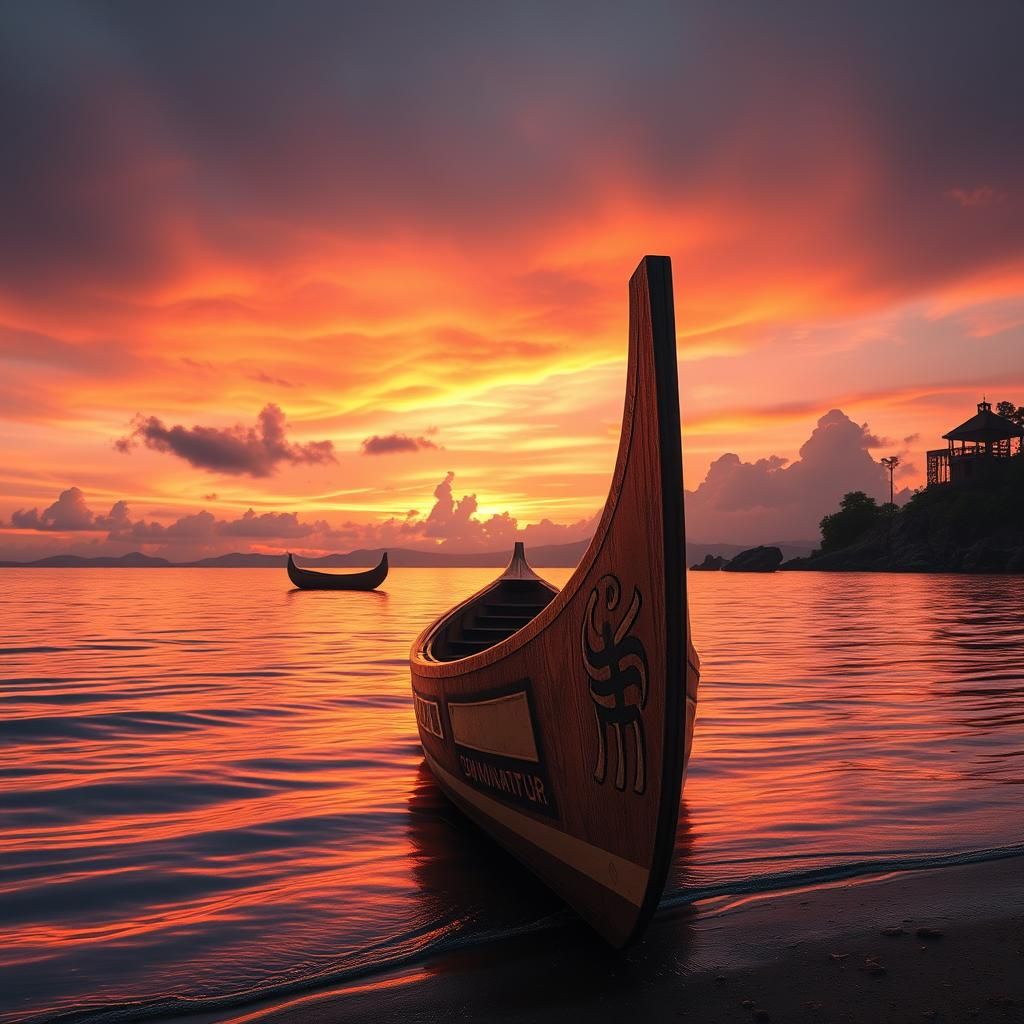 Ornate Canoe at Sunset: Hyperrealistic Digital Art