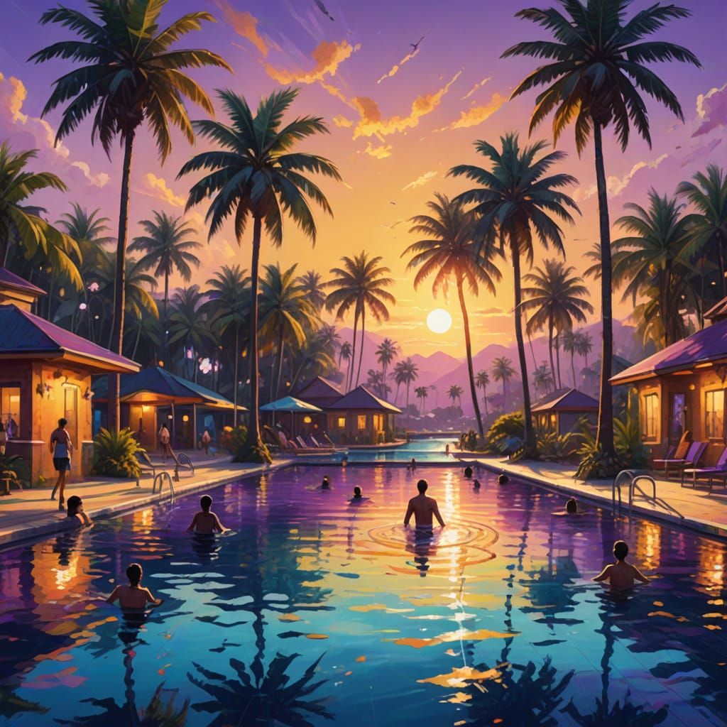 Fantasy Pool Scene in Vibrant Triadic Colors