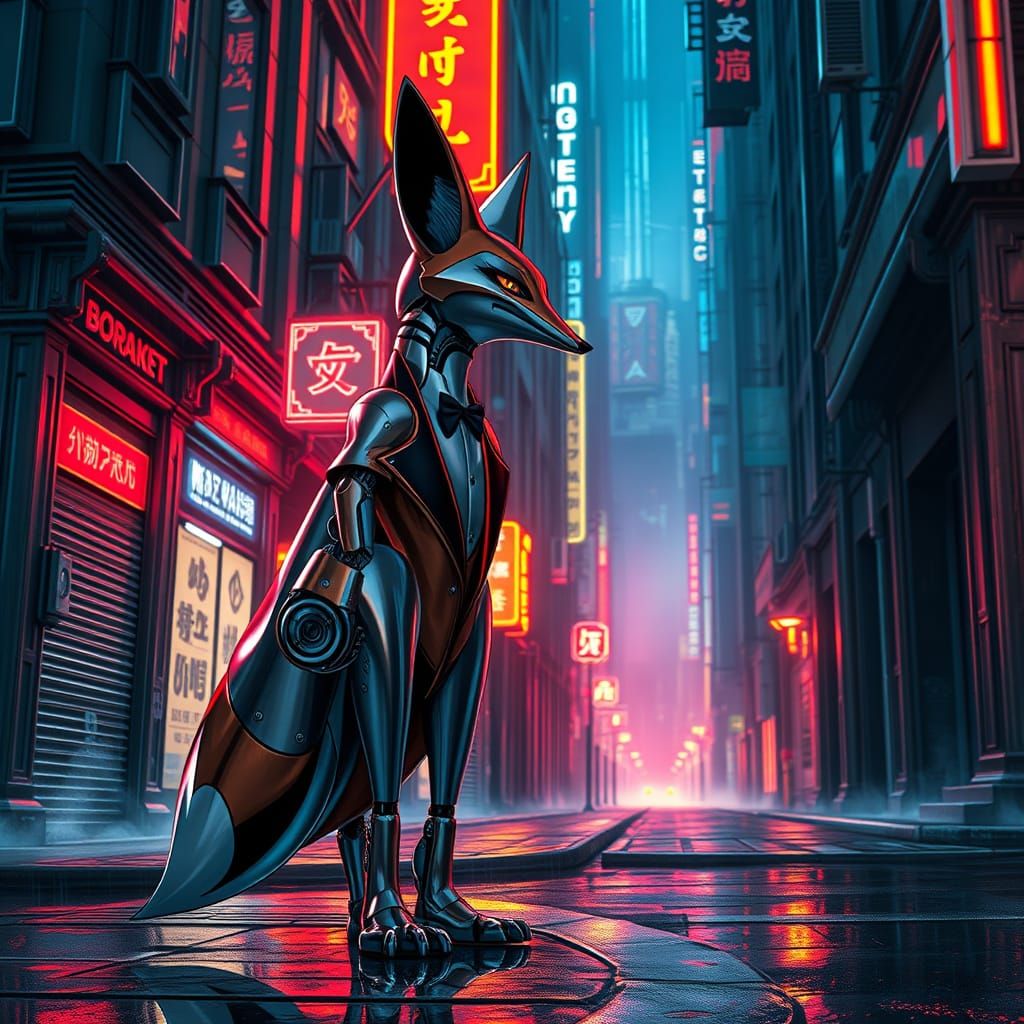 Chrome Robotic Fox on Neon Street in Cyberpunk Metropolis