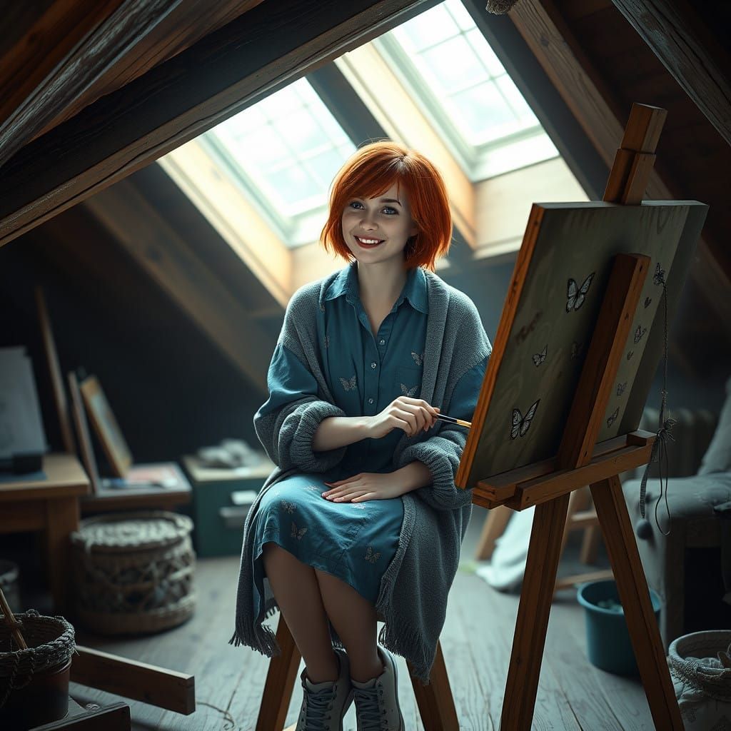 Woman in Cozy Attic Studio with Whimsical Art