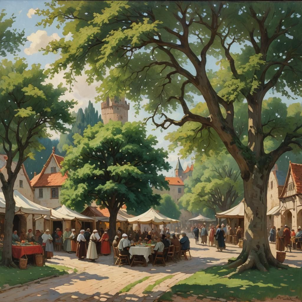 Medieval Village Marketplace in Realistic Watercolour Style