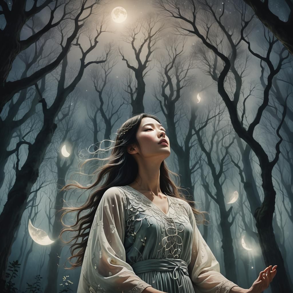 Serene Meditation in Moonlit Forest: Surrealist Watercolor