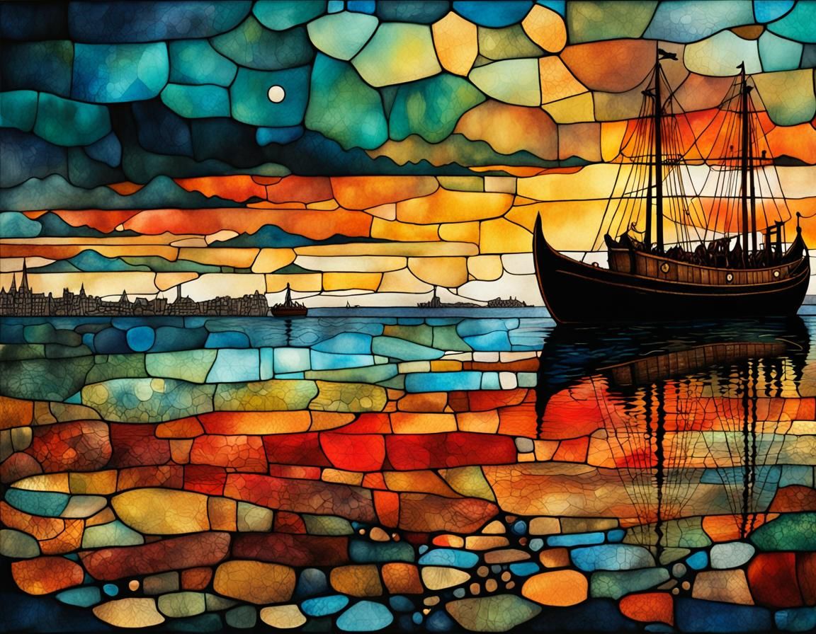 Viking Longboat in Harbor: Stained Glass Art Brut