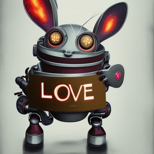Robotic Bunny in Coffee Shop Holding Love Sign