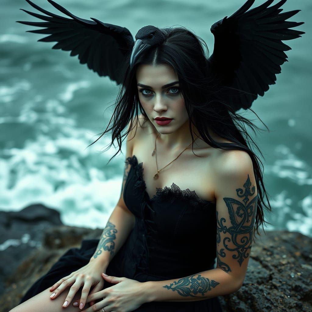 Irish Witch on a Rock in Stormy Seas