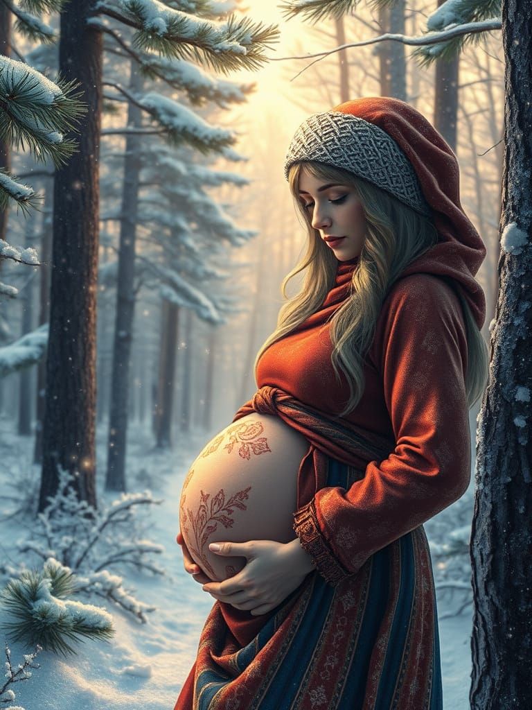 Pregnant Lady in Snowy Forest, Digital Anime Art