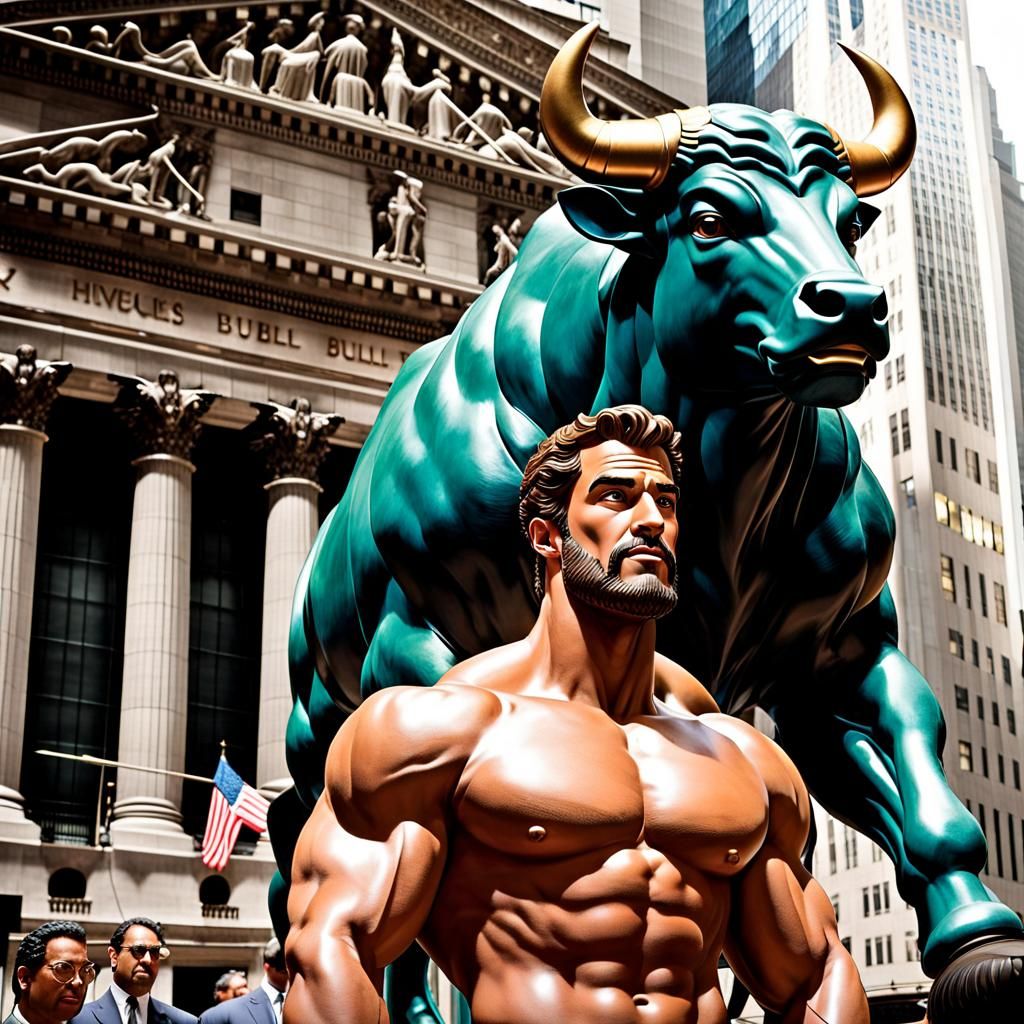 Hercules in Modern New York Smirks at Bull