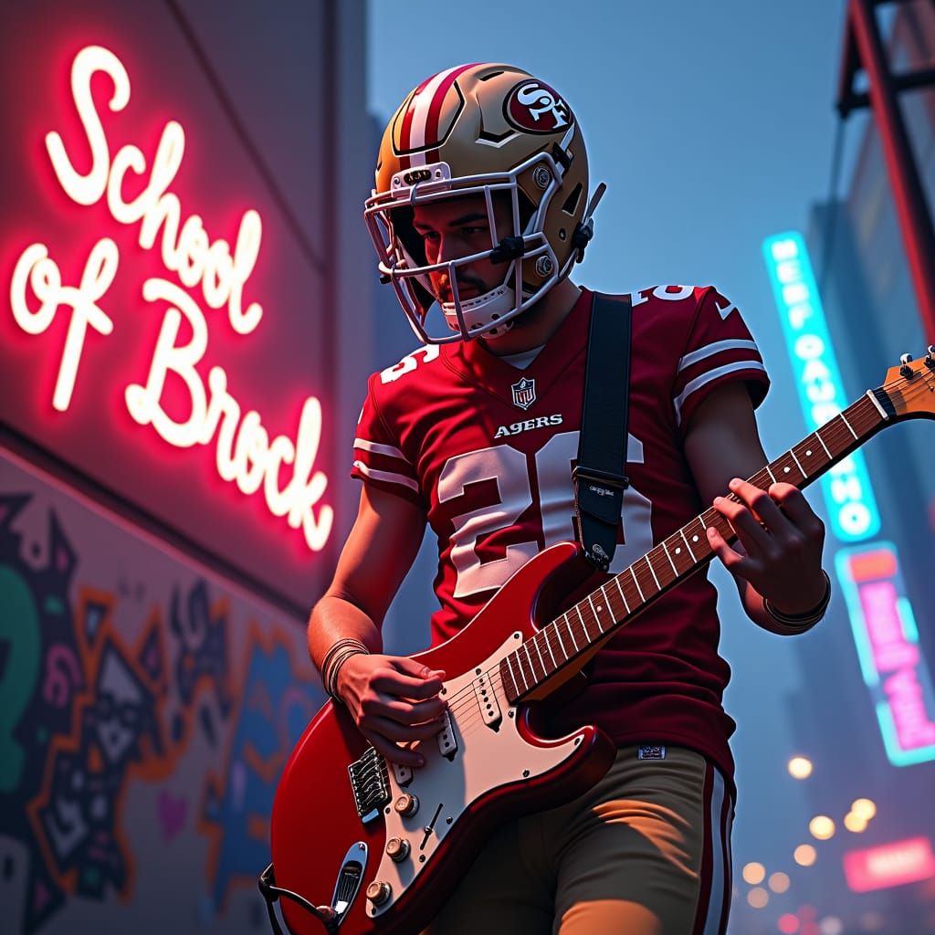 Brock Purdy Plays Guitar in Cyberpunk Cityscape