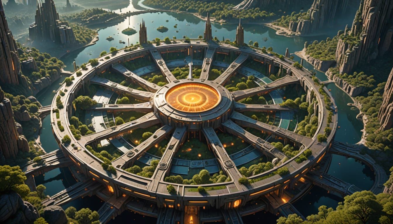 Futuristic City with Sun-Wheel Layout from Space