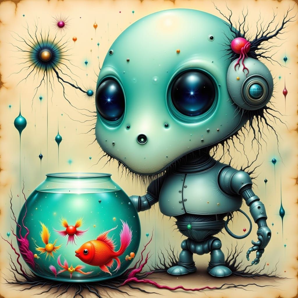 Cute Robot Holding Fishbowl