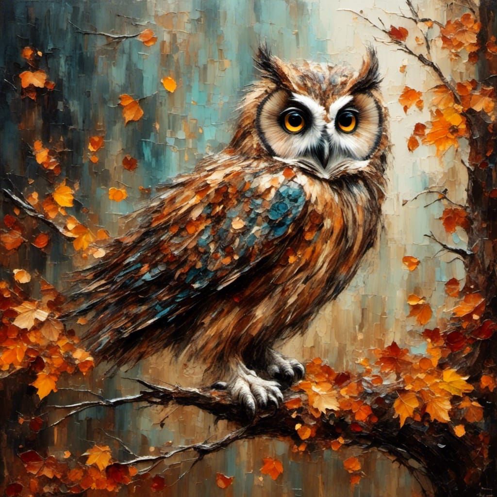 Flying Owl in Autumn: Impasto Oil Painting