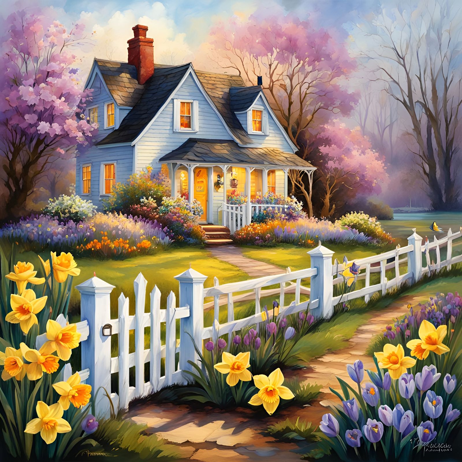 Idyllic Cottage Scene in Chalk Art Style