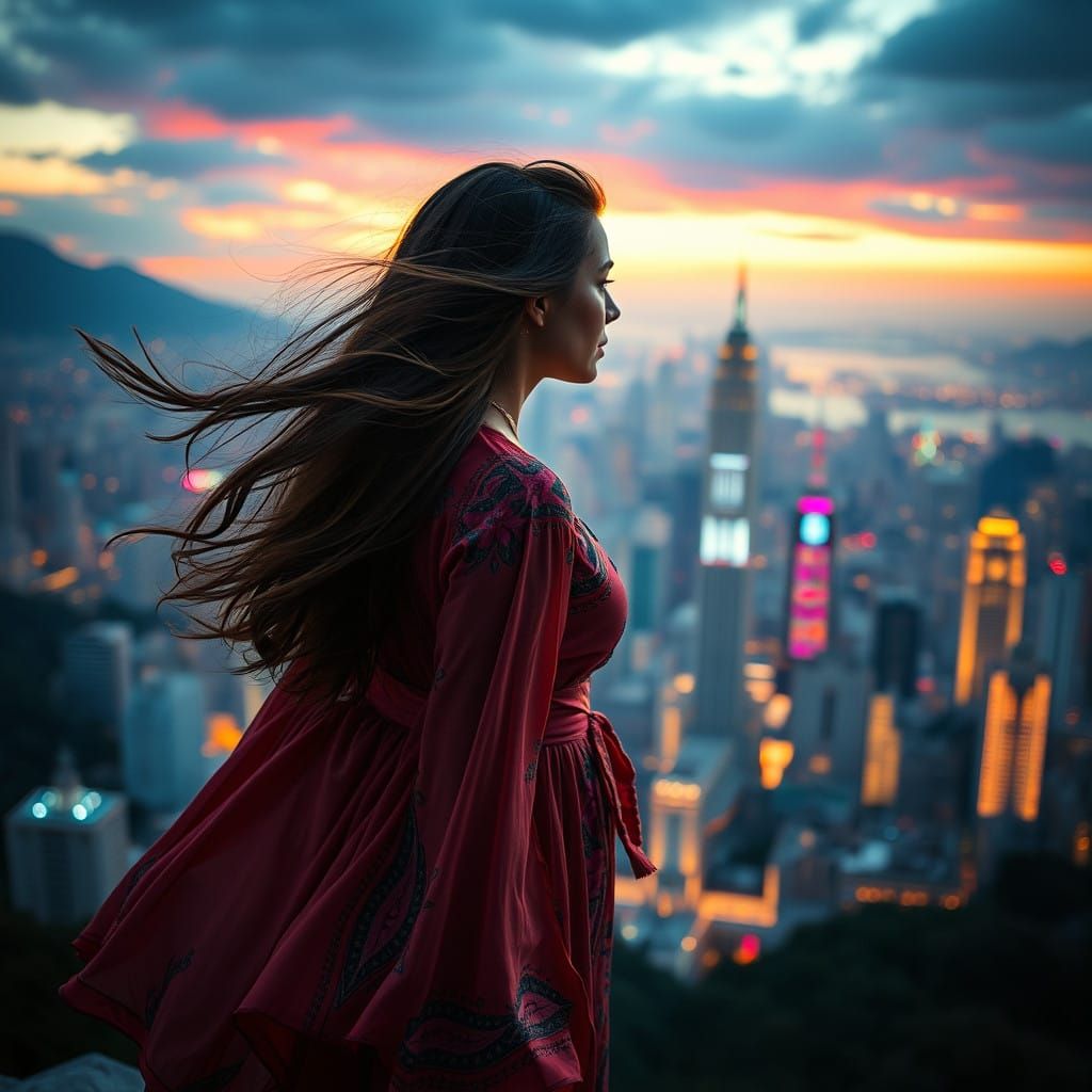 Vibrant Cityscape Goddess Gazing Out to Wonder