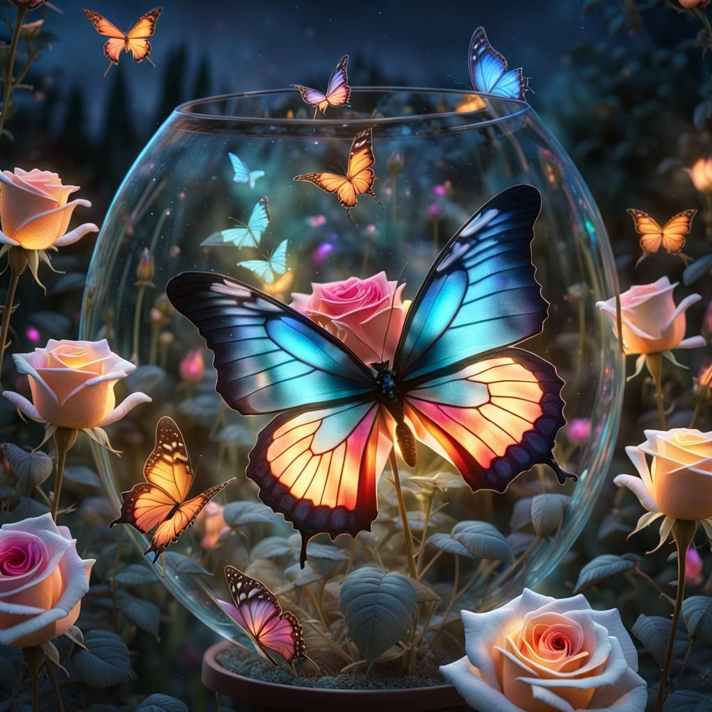 Butterfly in a rose garden in a glass