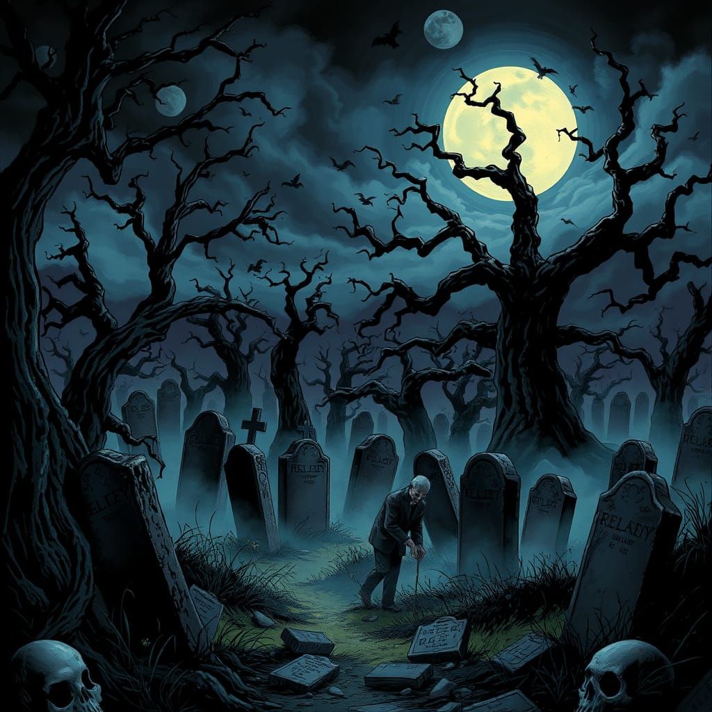Eerie Graveyard Scene in a Whimsical Style