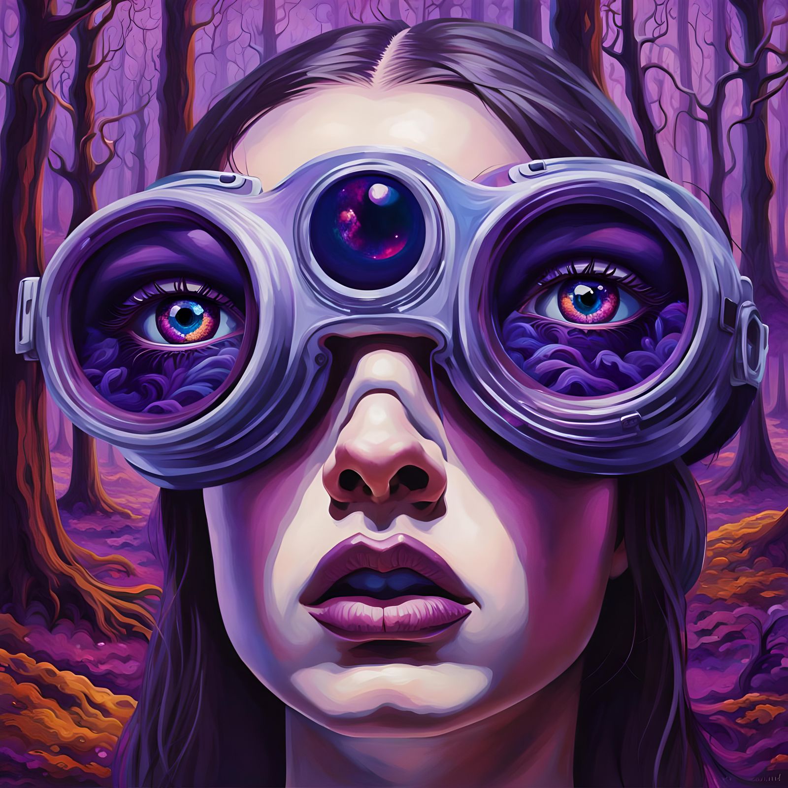 Girl in Purple Goggles: Surreal Oil Painting