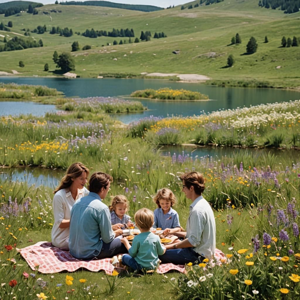 Family Picnic in Wildflower Field by a Lake
