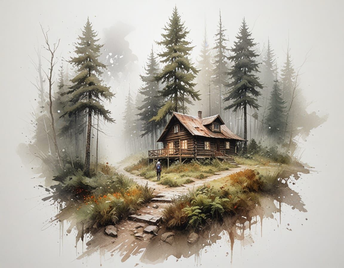 Misty Cabin Path in Foggy Forest Watercolor Art
