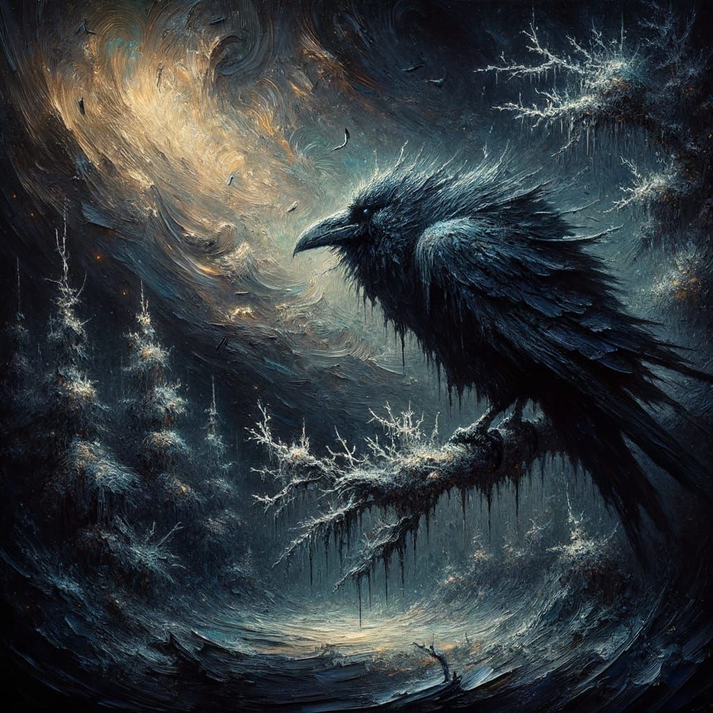 Dark Fantasy Raven Impasto Oil Painting