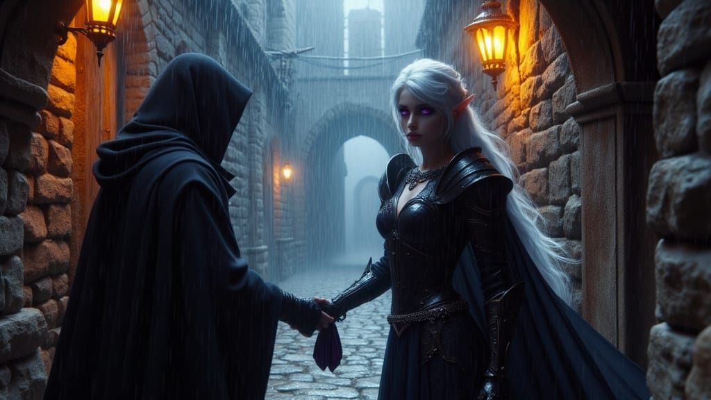 Drow Elf Exchange in Rain-Slick Alleyway