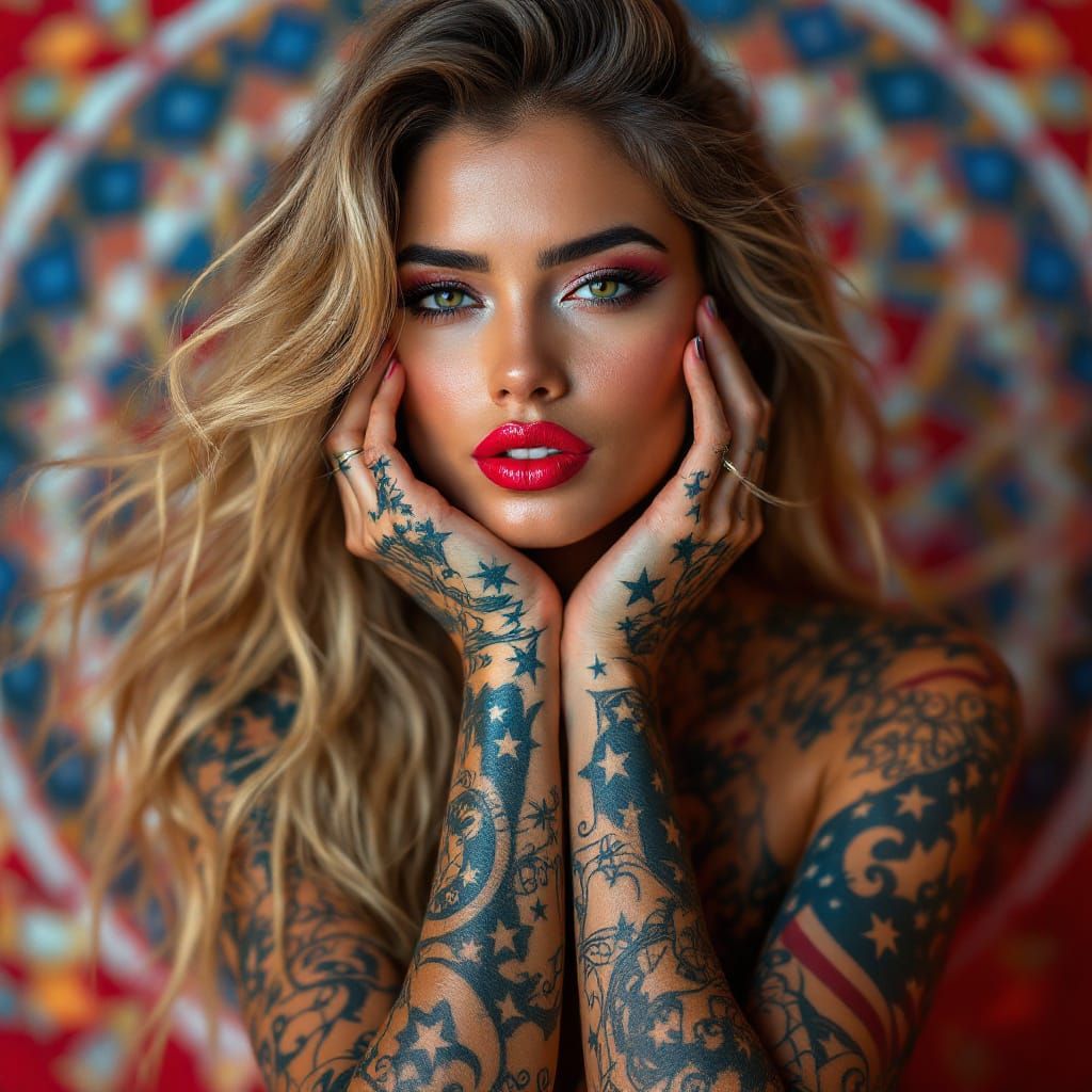 Sultry Model with American Flag Tattoos