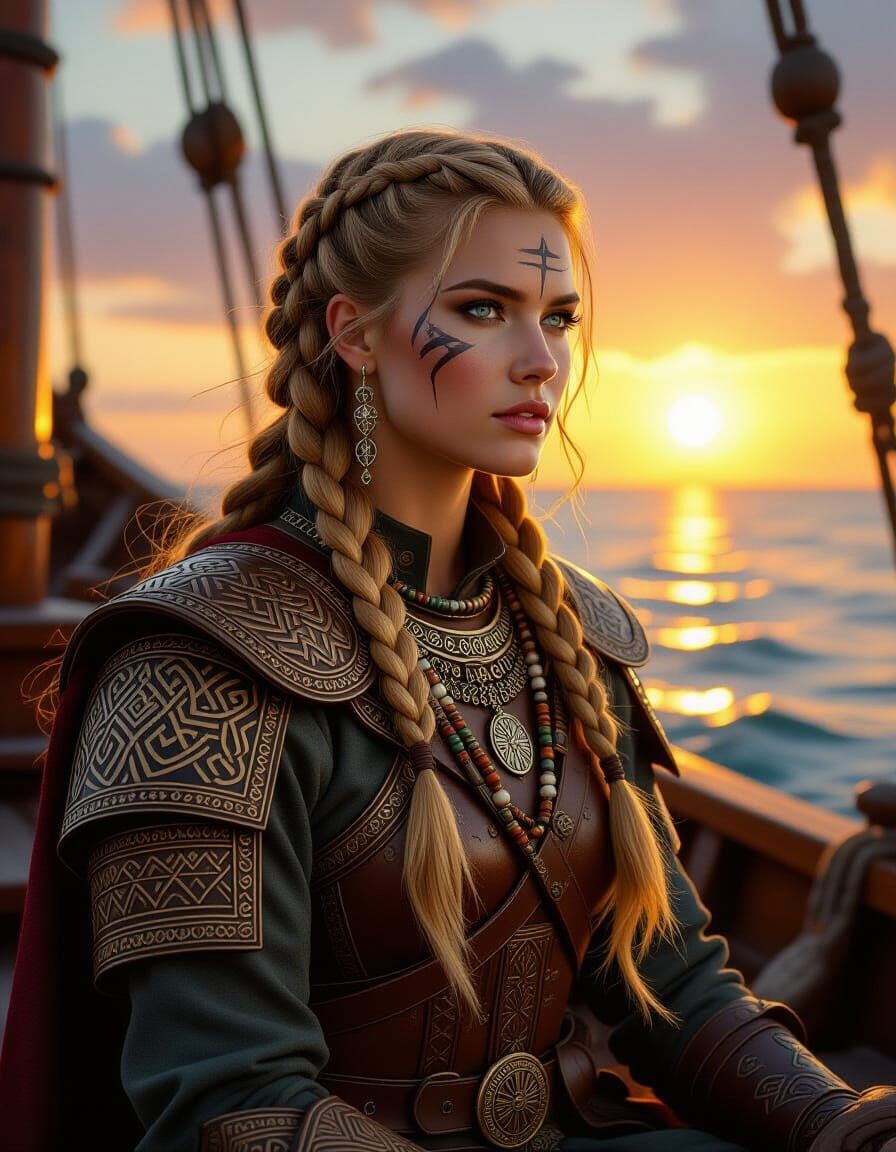 Norse Shield-Maiden Portrait at Sunset, UHD Painting