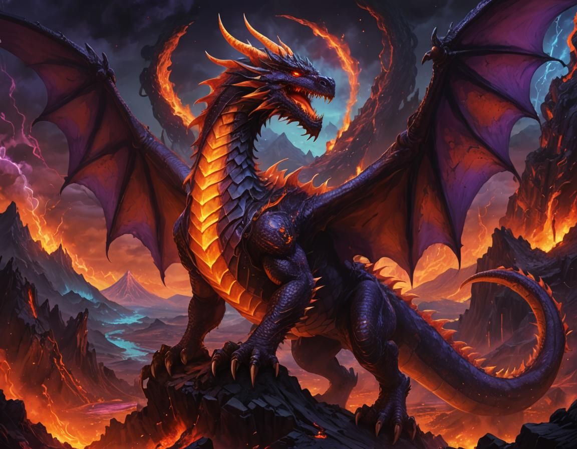 Neonpunk Fire Dragon in Fantasy Volcano