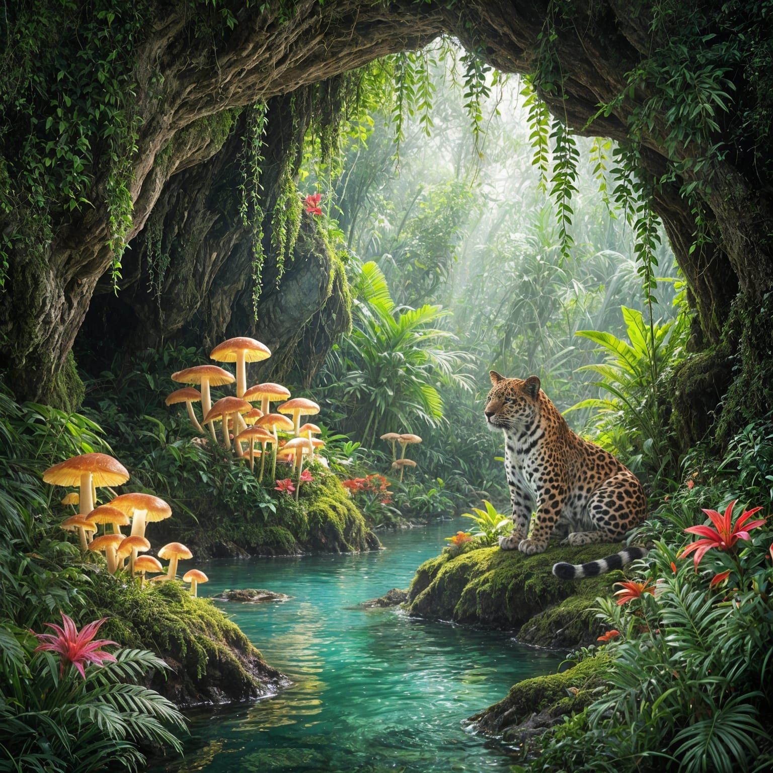 Crystal Grotto with Luminous Mushrooms and Jaguar