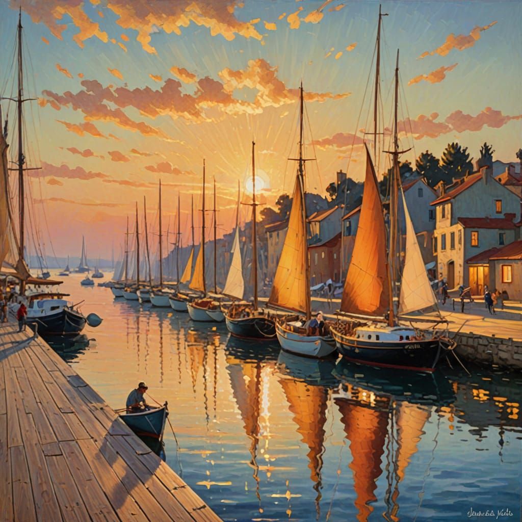 Impressionist Sailboats at Sunset in Pointillism Style