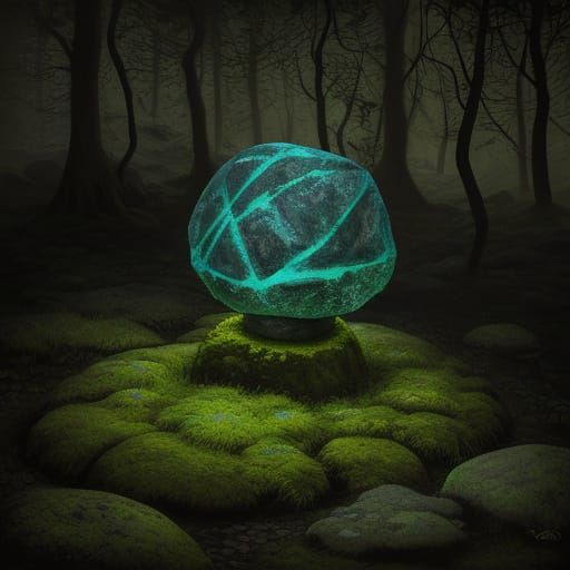 Mysterious Glowing Stone in Forest, Oil Painting