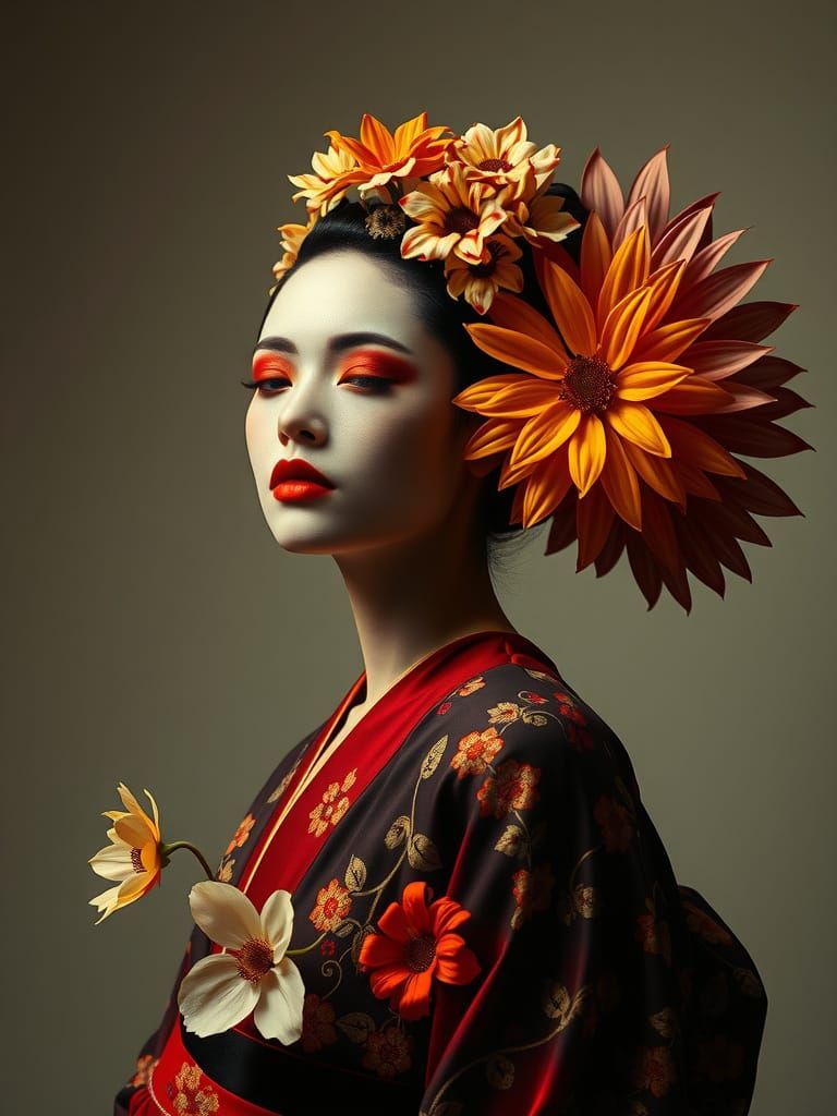 Full-body height glitchcore portrait of a sensual amber geisha. Op art floral still life. Felice Beato, Phyllis Galembo,...