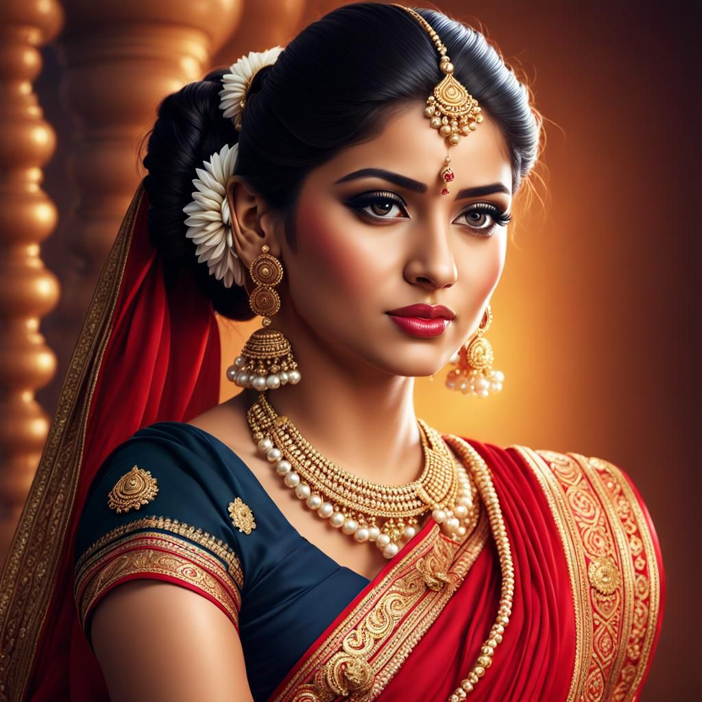 Hyperrealistic Portrait of Beautiful Indian Woman in Saree