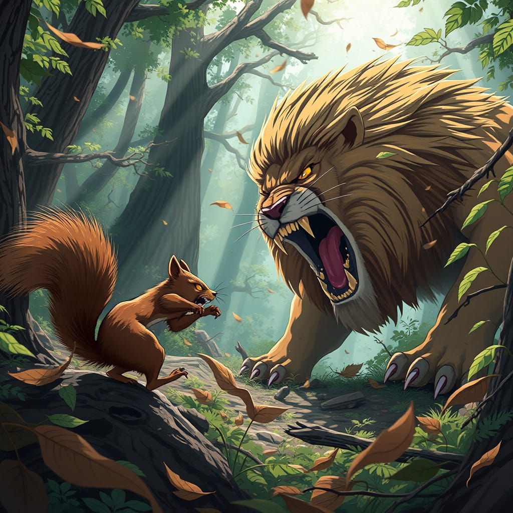 Tiny Squirrel Battles Fierce Lion in Epic Manga-Style Wilder...