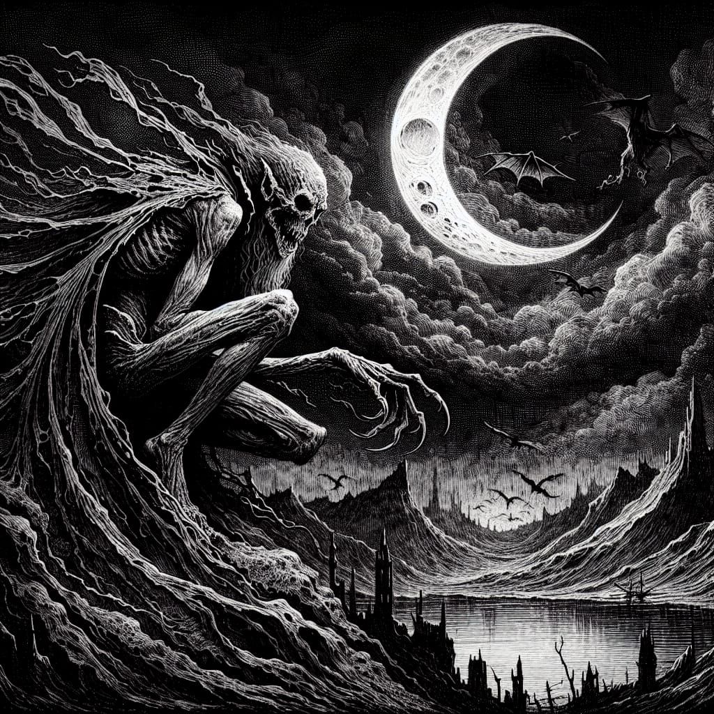 rancor creepypasta, watcher of the vale, crescent moon, macabre, dark fantasy, intricate details, 32K HD