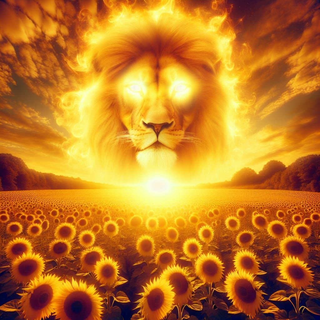 Lion's Face Manifests in Radiant Sunflower Field