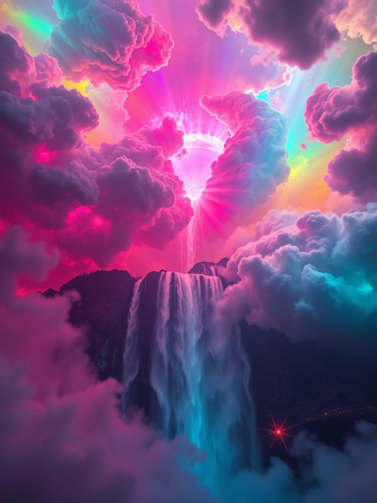 Rainbow Cosmic Waterfalls in Hyperrealistic Detail