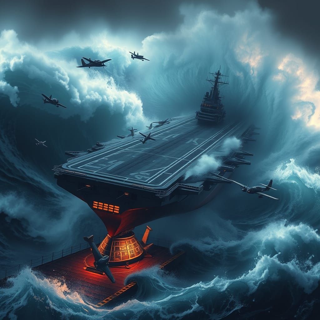 Aircraft Carrier Battles Fierce Cyclone in the Midst of a Tu...