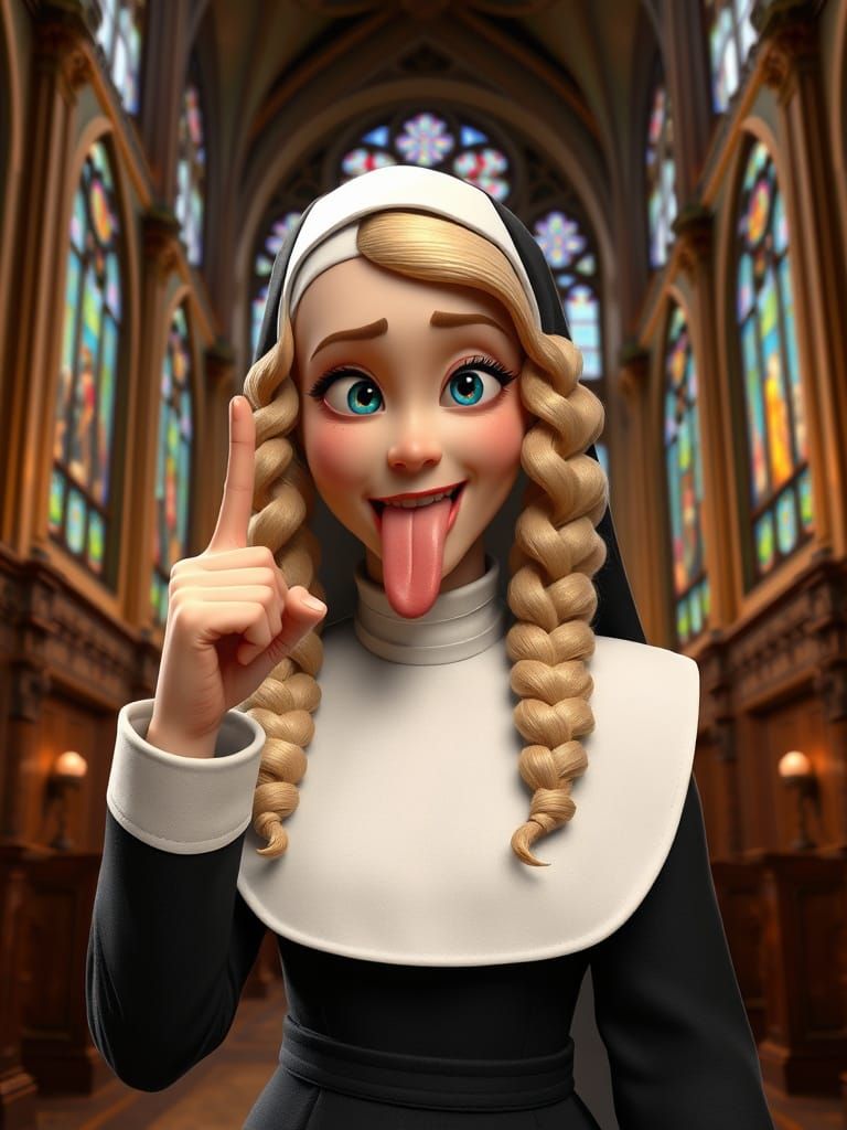 Mischievous Nun in Ornate Church, Pixar-Inspired Art