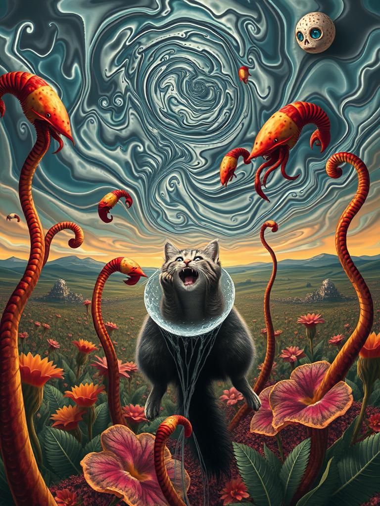 Surreal Landscape with Elastic Flora and Metallic Sky