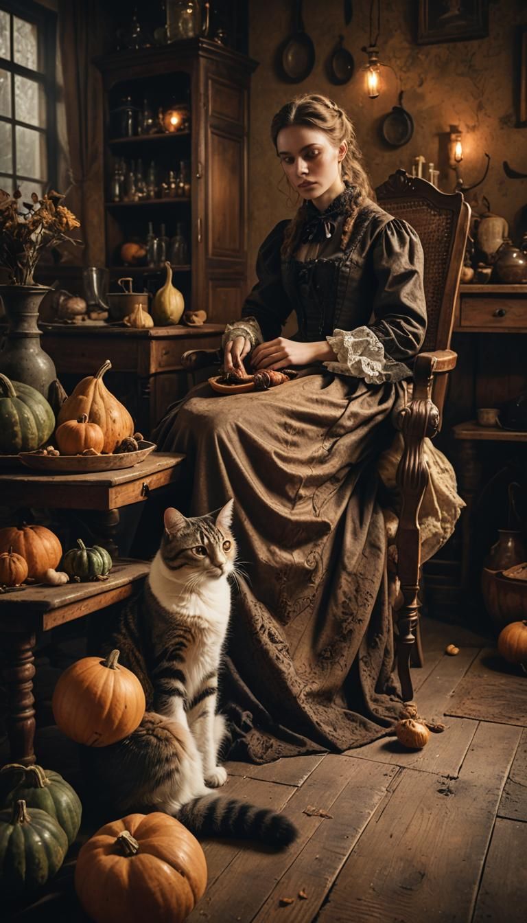 Victorian Girl with Gourds, Cat, and Dog