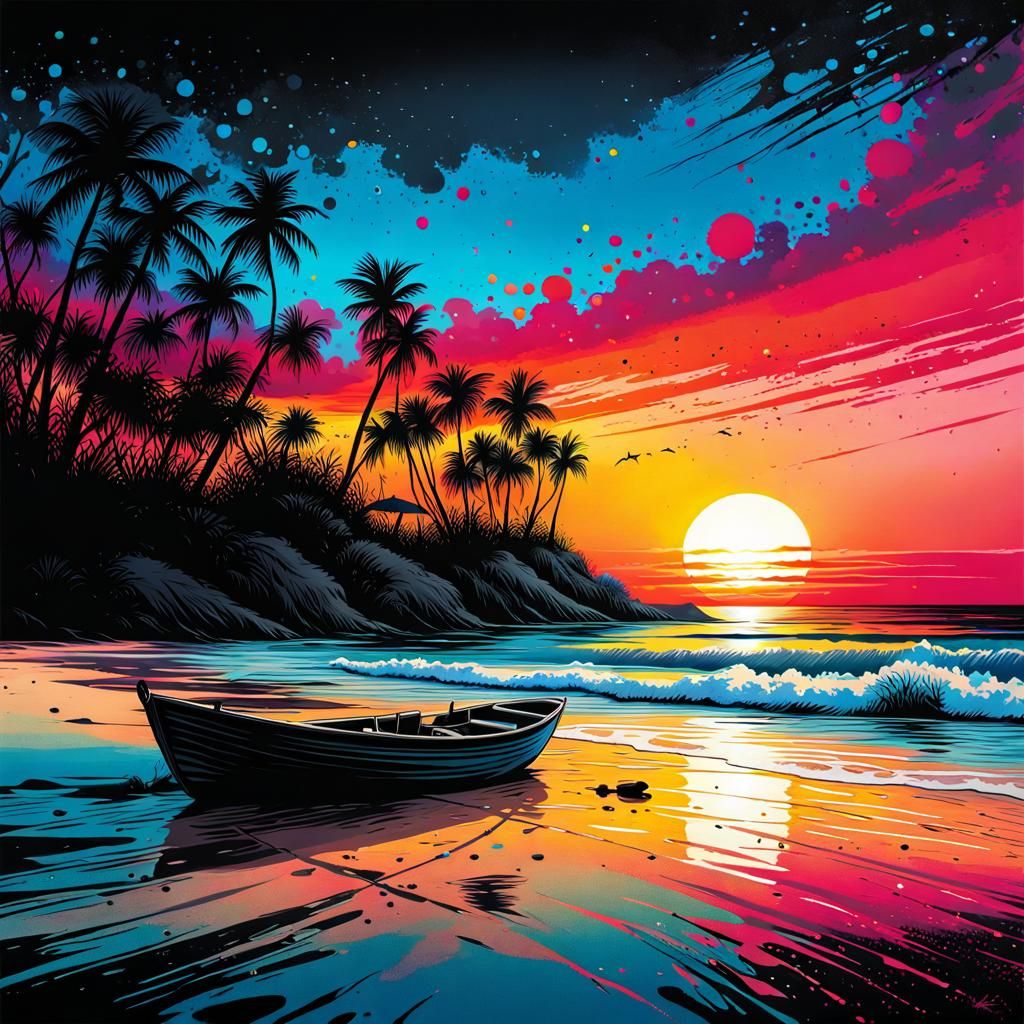 Ink Splatter Sunset: Hyperrealistic Beach Scene