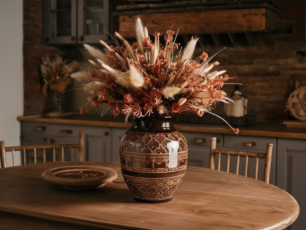 Lacquer-Carved Vase in Country Kitchen