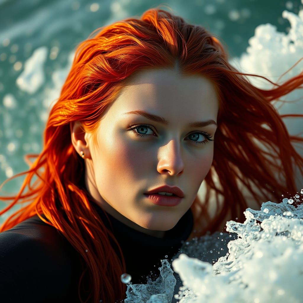 Cinematic Portrait of a Red-Haired Surfer in a Turbulent Wav...