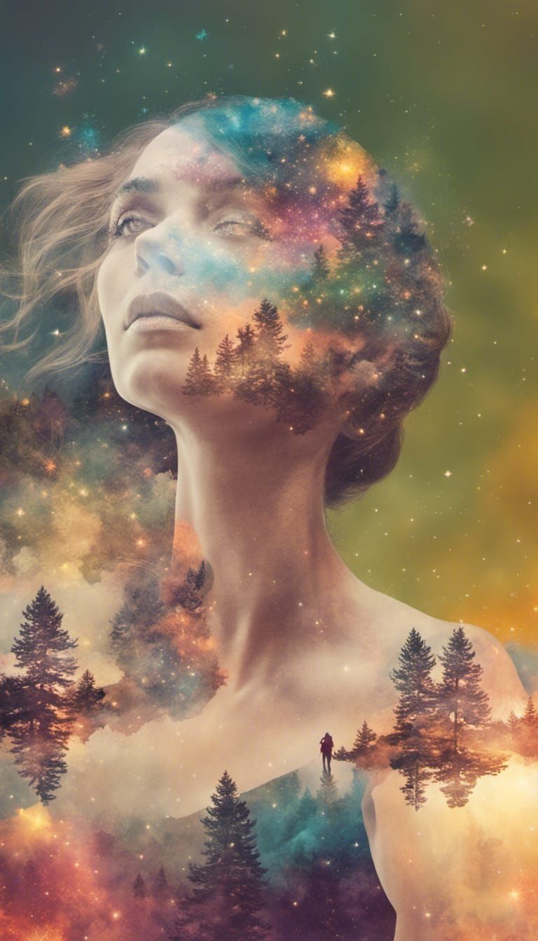 Fantasy Double Exposure: Woman and Starry Landscape