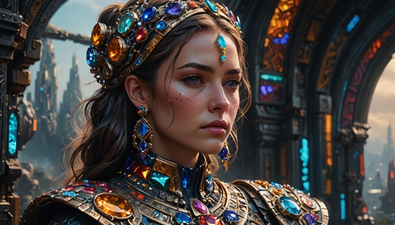 Worried Woman in Colorful Futuristic Clothing