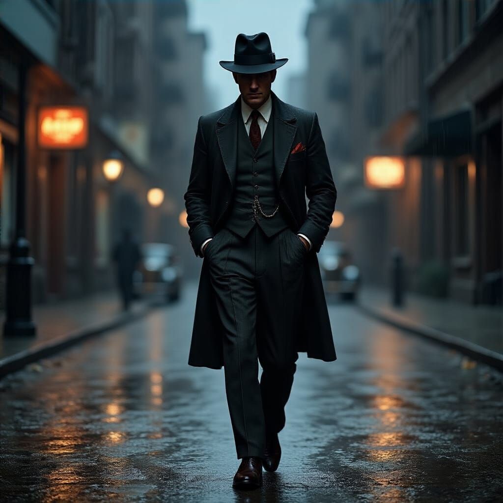 1920s Man Walking Confidently on Rainy Street