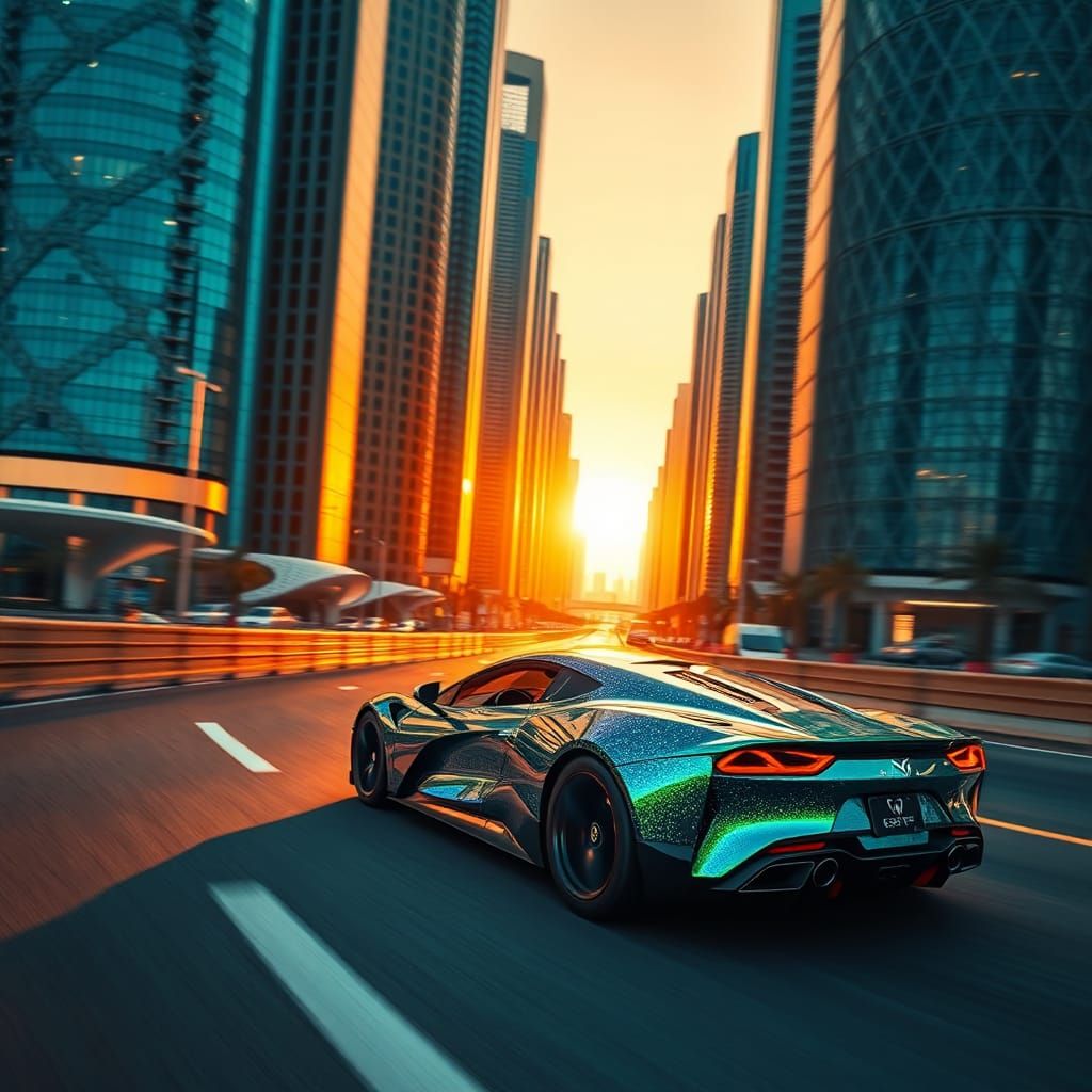 Futuristic Sports Car on Neon Highway in Abu Dhabi